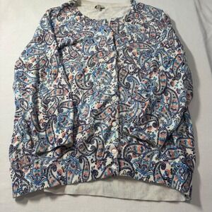 Talbots Womens‎ L Paisley Print Button Front Cardigan Sweater 100% Cotton Blue
